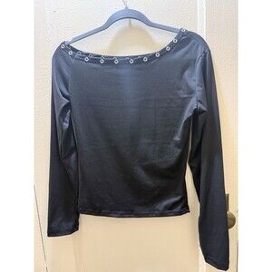 Black Grommet Neck Long Sleeve Crop Top Size L Stretchy Y2K